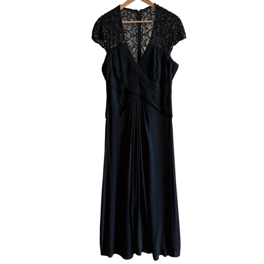 Tadashi Collection Vintage Maxi Silk Gown w Sequins, Beaded Lace, Pleats size 14